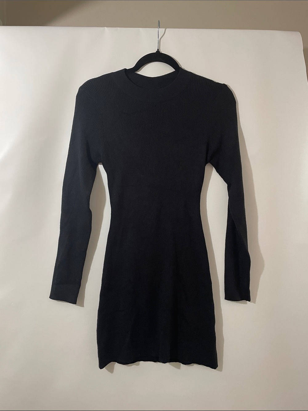 Le Lis Black Ribbed Long-Sleeve Mini Dress Rhinestone back detail.
